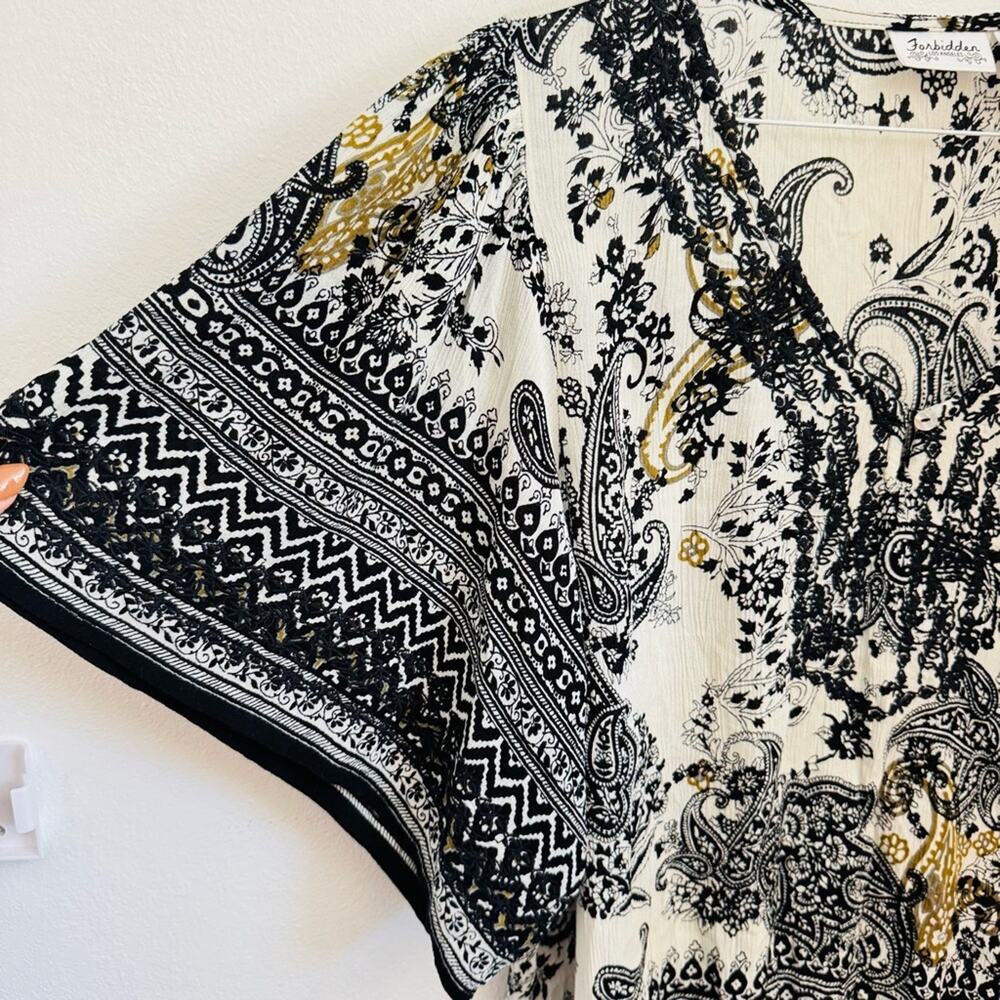 VINTAGE FORBIDDEN Black White Beige Paisley Print Boho Poncho Blouse Shirt Top L - Picture 3 of 13